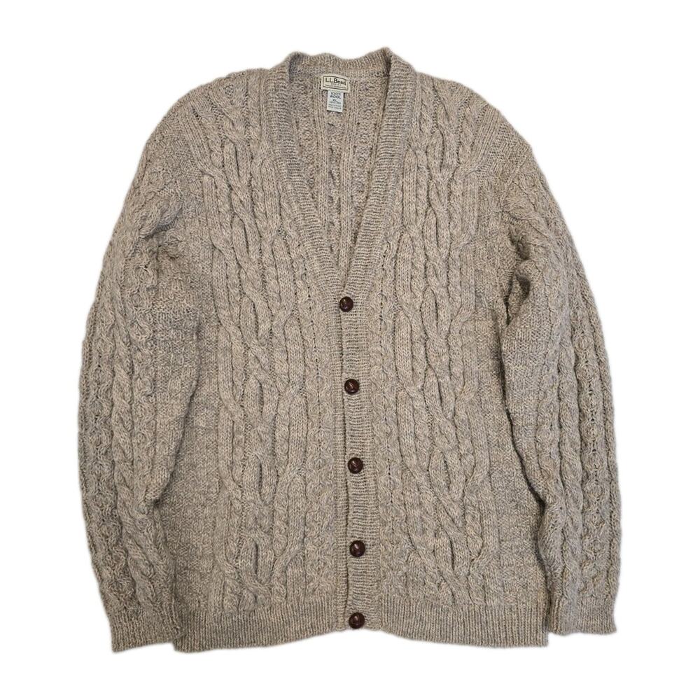 Vtg LL Bean Fisherman Cardigan Sweater Mens XL Wool Made in Ireland Cable Knit